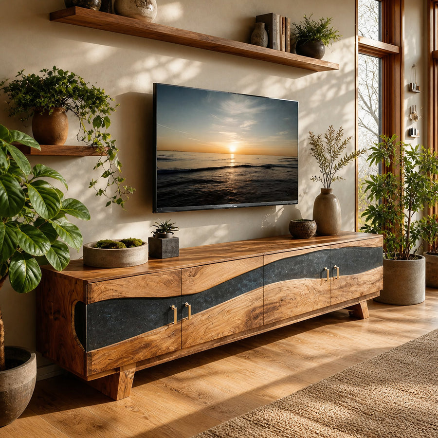 Farmhouse Wooden Live Edge TV Stand For Bedroom Decor