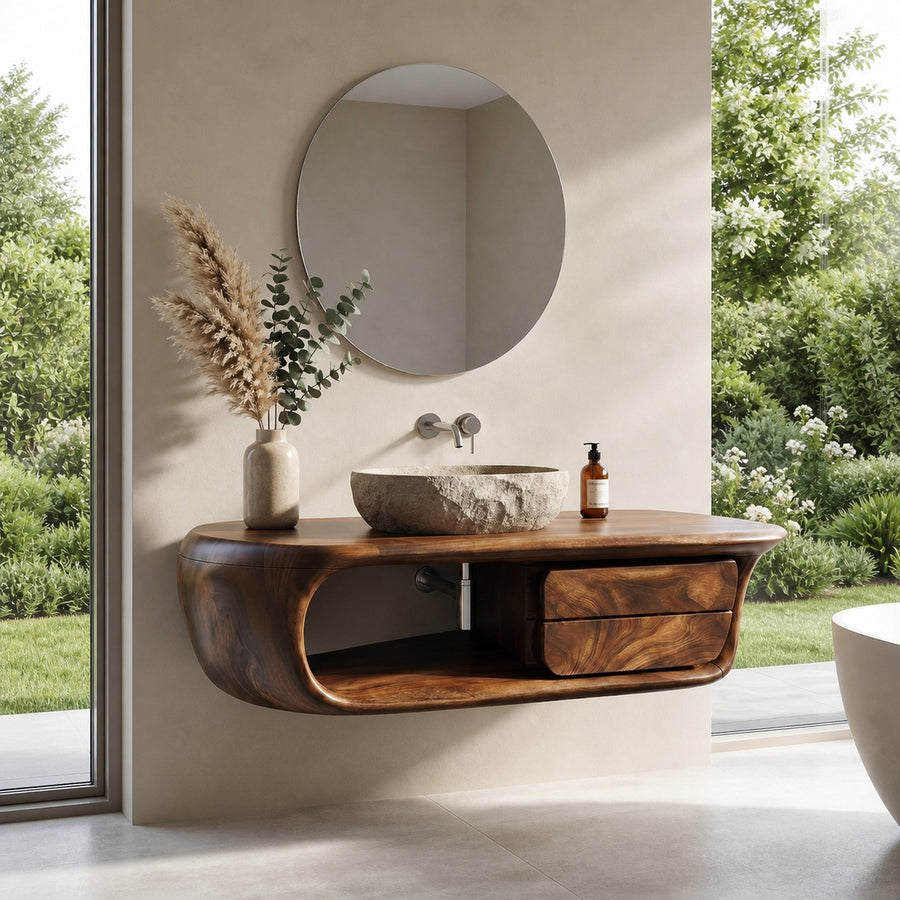 Floating Bathroom Vanity With Curved Wooden Base And Storage Drawer For Modern Bathroom
