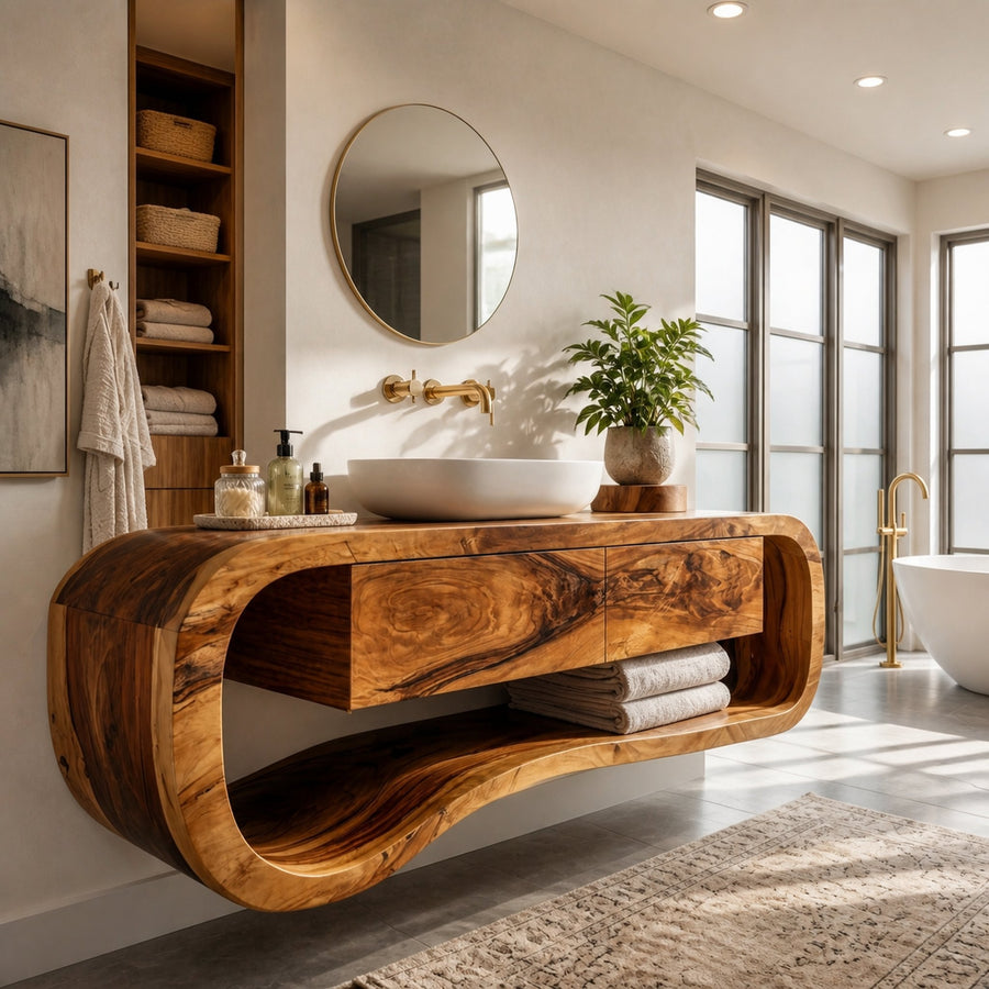 Floating Bathroom Vanity With Open Towel Shelf For Modern Bath