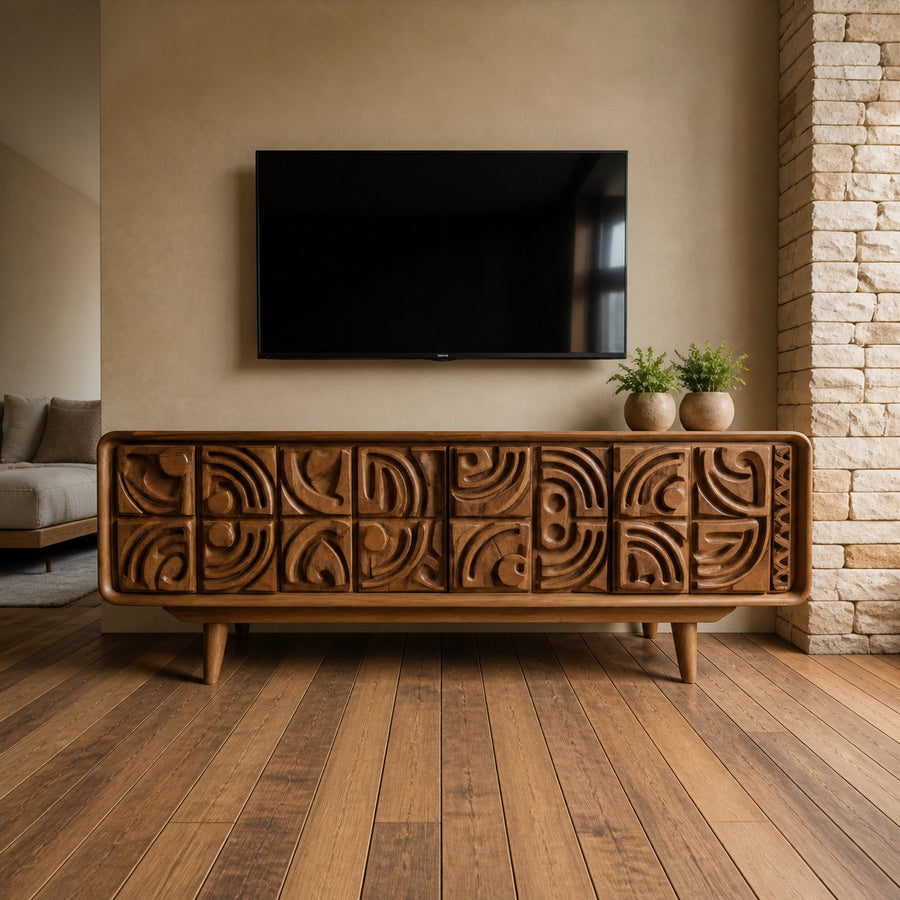 Hand Carved TV Console With Geometric Doors For Living Room
