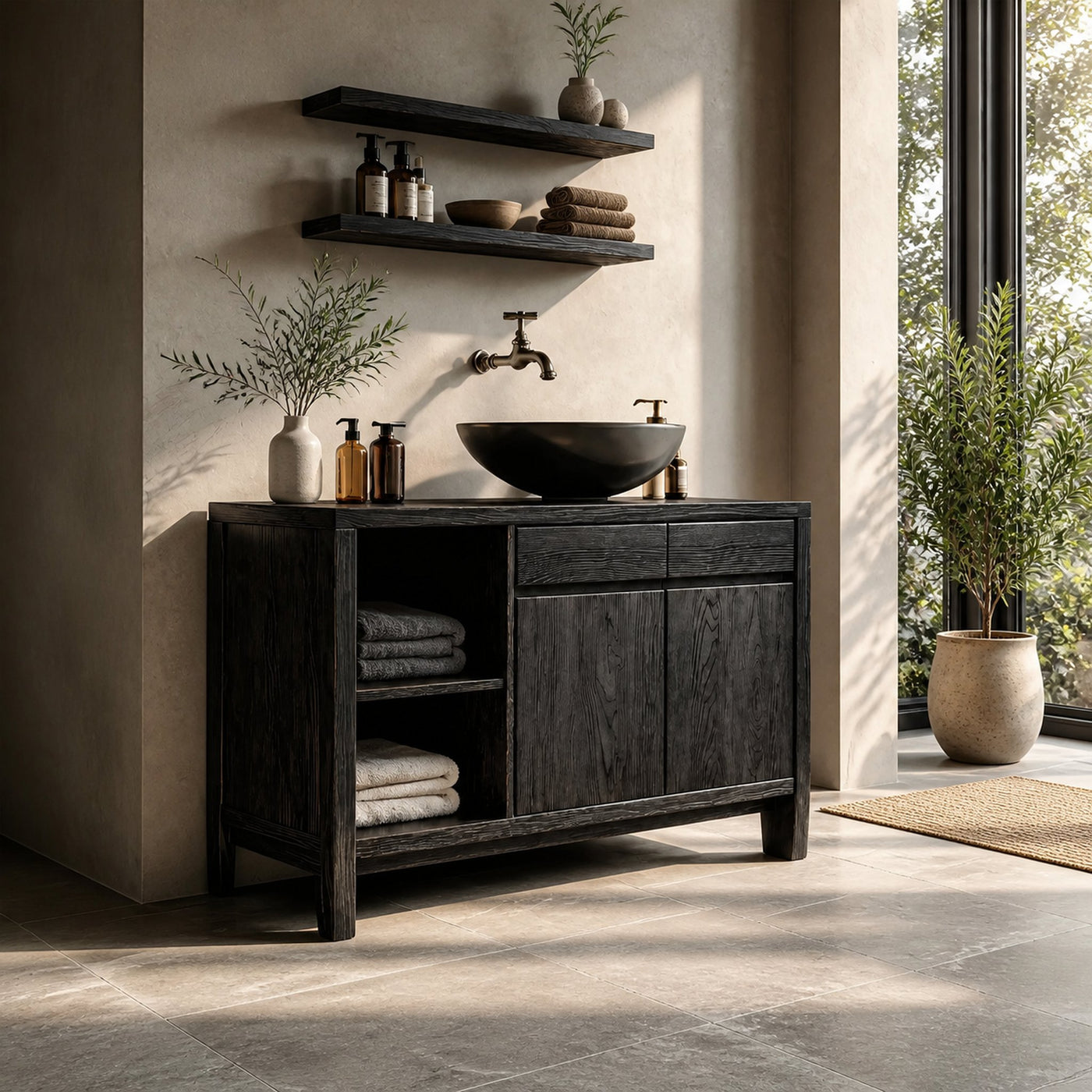 Handcrafted Black Bathroom Vanity With Open Shelves For Bathroom