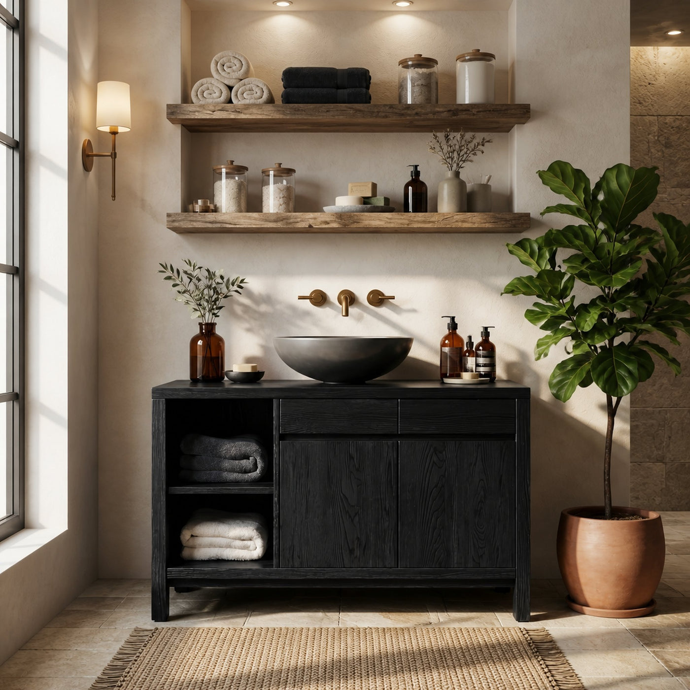 Handcrafted Black Bathroom Vanity With Open Shelves For Bathroom - product view 2
