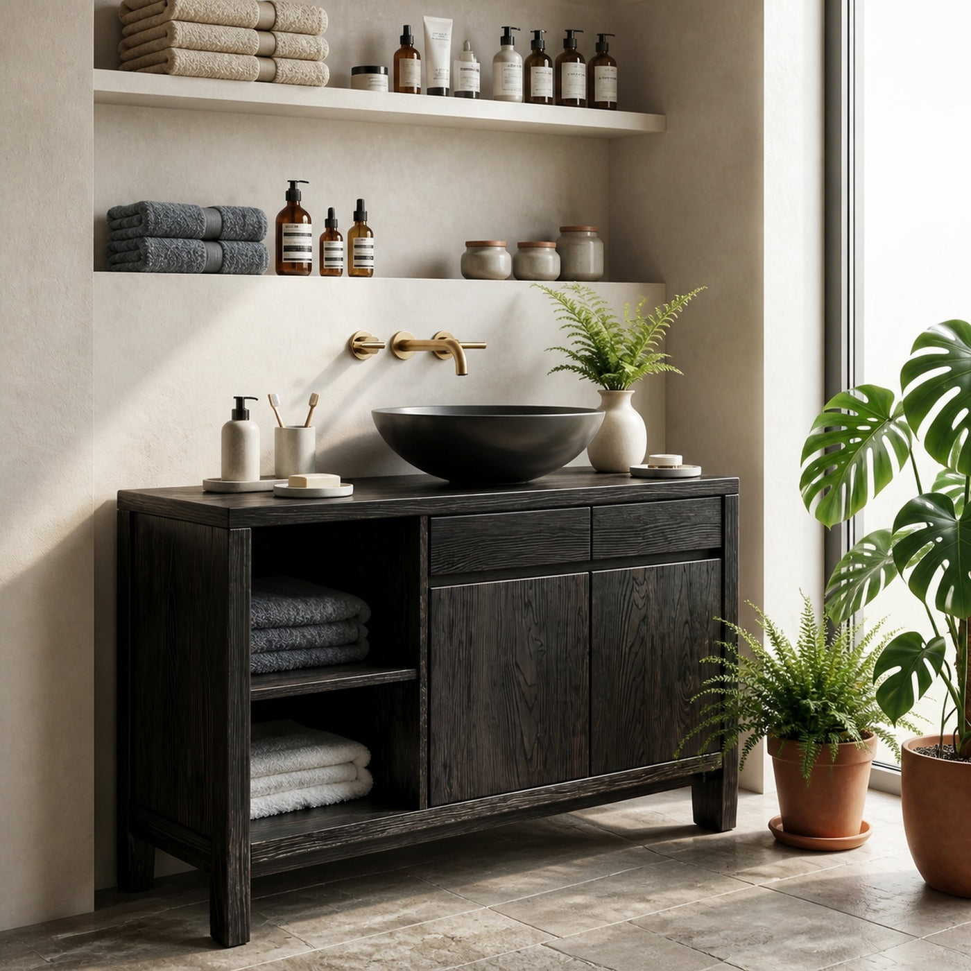 Handcrafted Black Bathroom Vanity With Open Shelves For Bathroom - product view 3