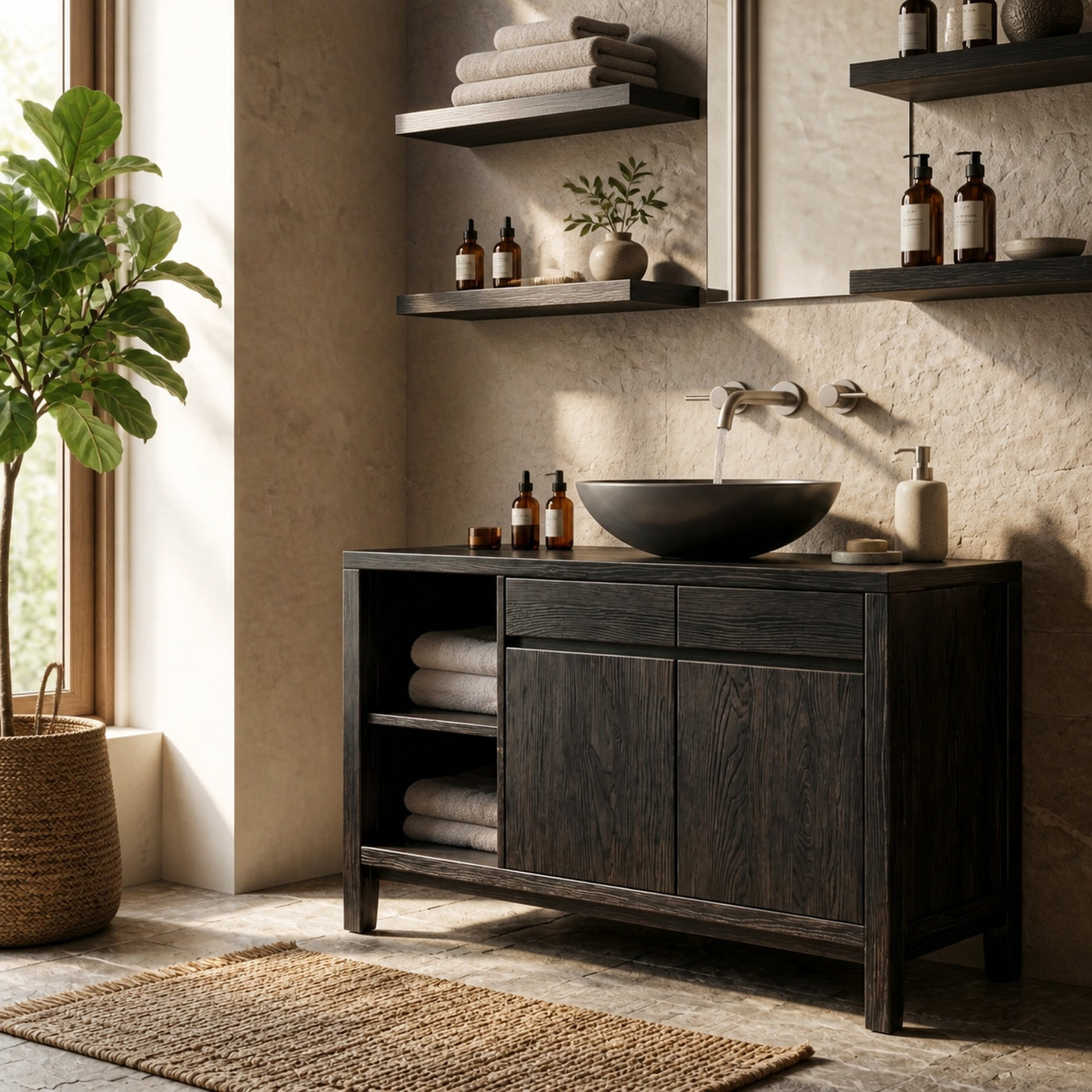 Handcrafted Black Bathroom Vanity With Open Shelves For Bathroom - product view 4