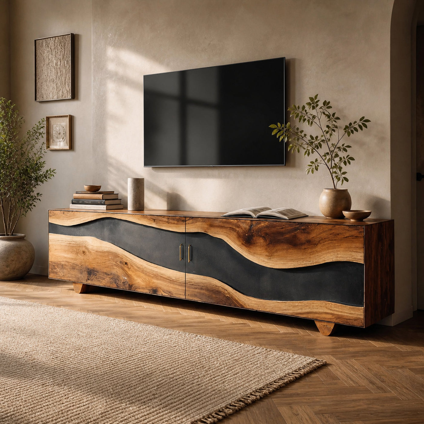 Handcrafted Natural Live Edge TV Unit For Home