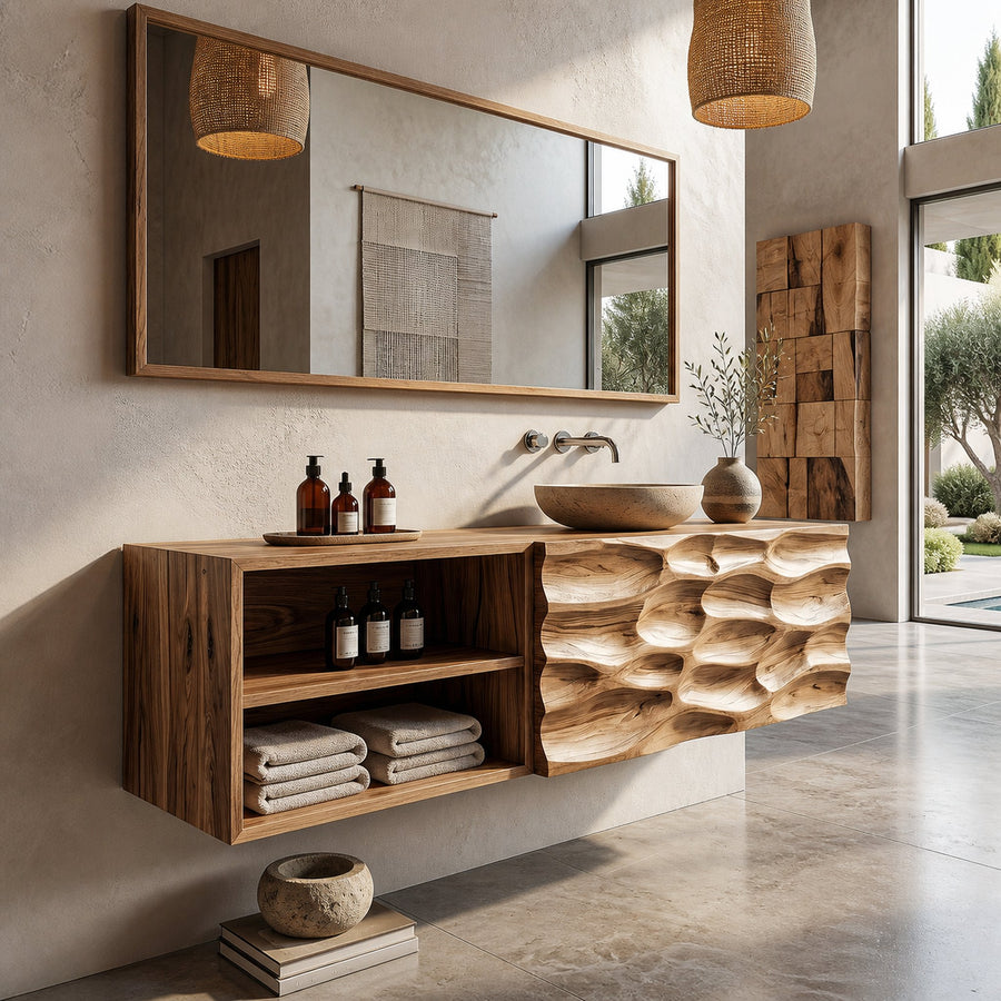 Handcrafted Organic Bathroom Vanity With Floating Storage Cabinet For Bathroom