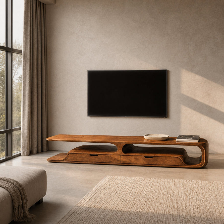 Handcrafted Organic Curved TV Shelf With Drawers For Living Decor