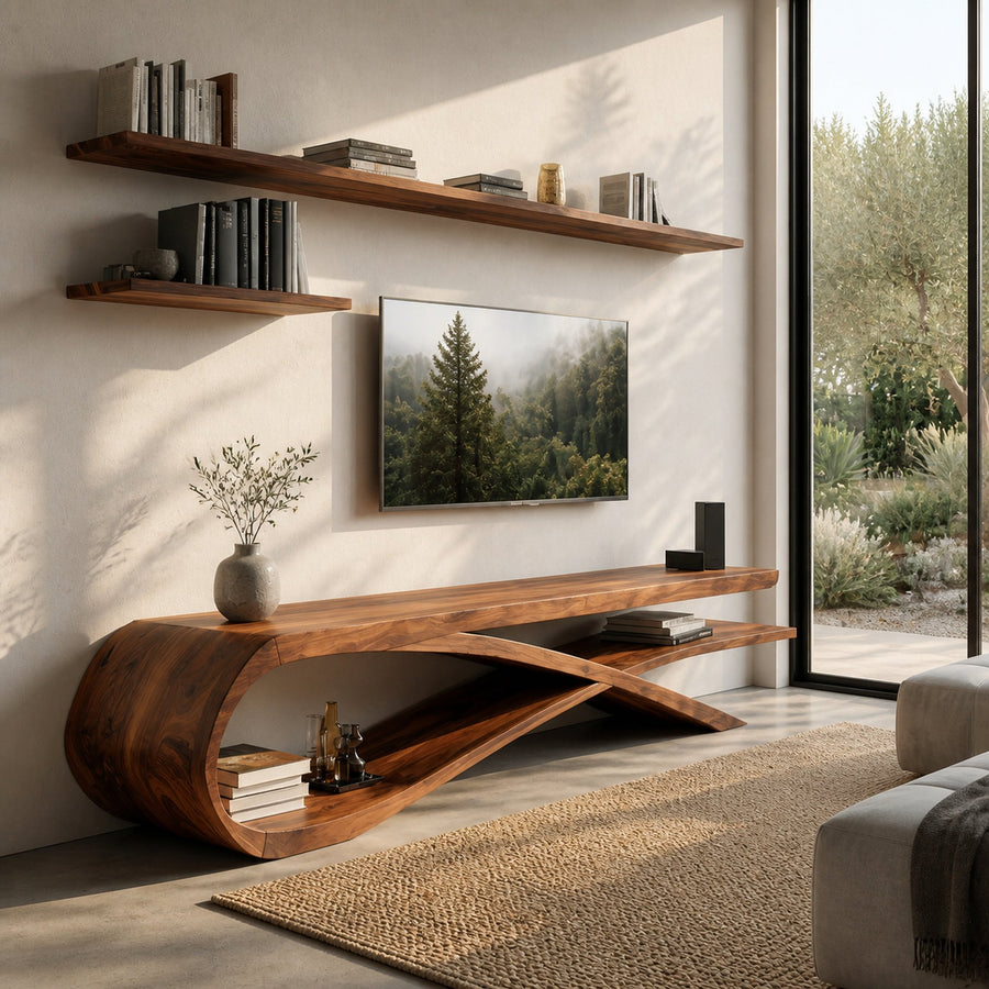 Handcrafted Sculptural Wooden TV Stand For Home Decor