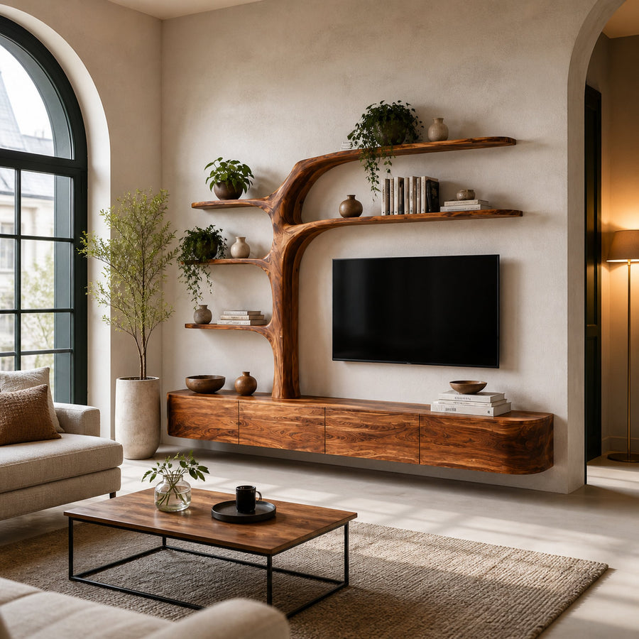 Handcrafted TV Cabinet With Multi-Branch Shelves For Living Room