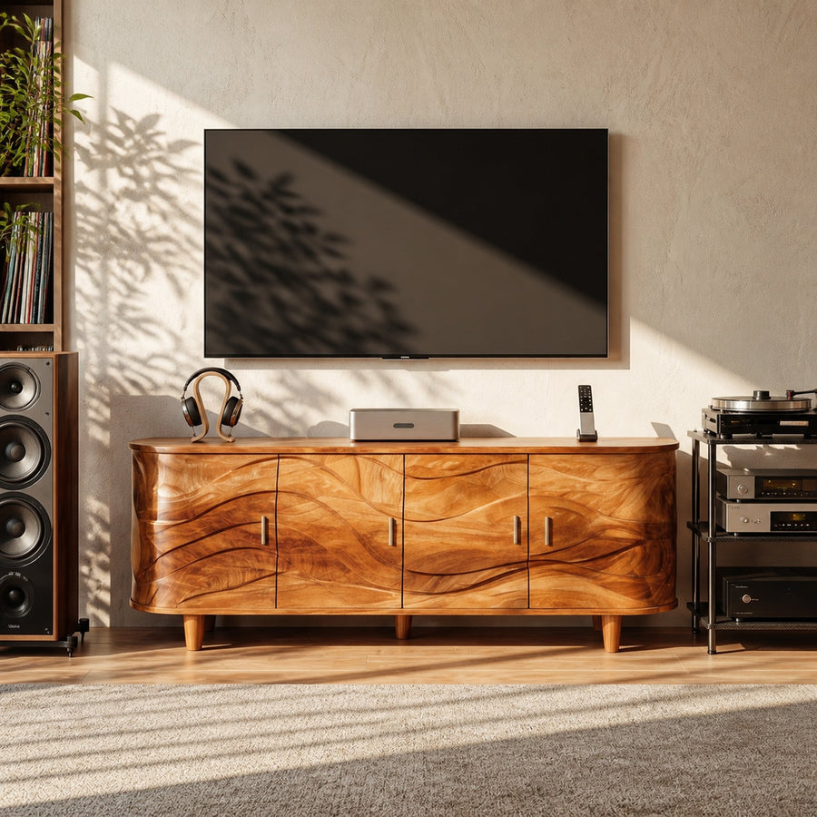 Handcrafted Wave Wood TV Stand For Media Room