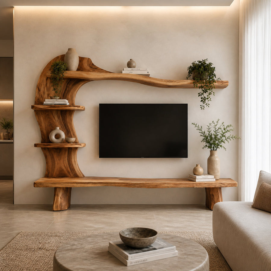 Handcrafted Wood TV Shelf With Curved Frame For Living Room