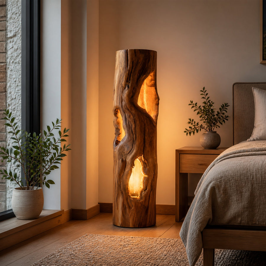 Handcrafted Wooden Floor Lamp With Multi Hollow For Home Decor