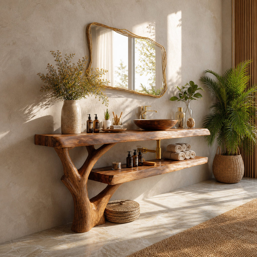 Handcrafted Wooden Live Edge Bathroom Vanity For Rustic Home Interior Design