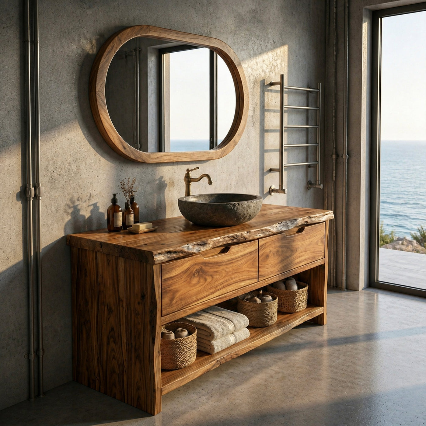 Industrial Solid Wood Bathroom Vanity Open Shelf Freestanding Cabinet