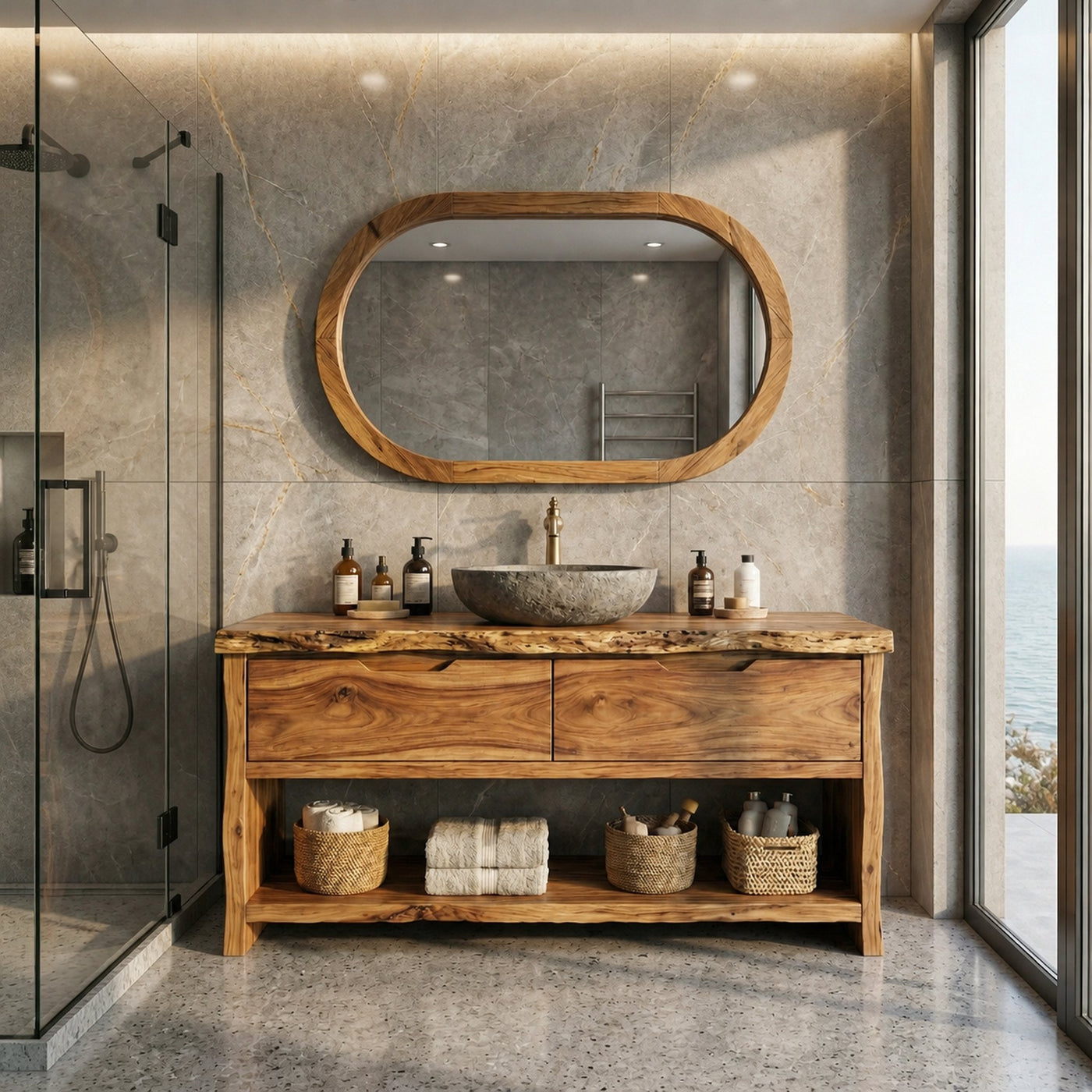 Industrial Solid Wood Bathroom Vanity Open Shelf Freestanding Cabinet - product view 2