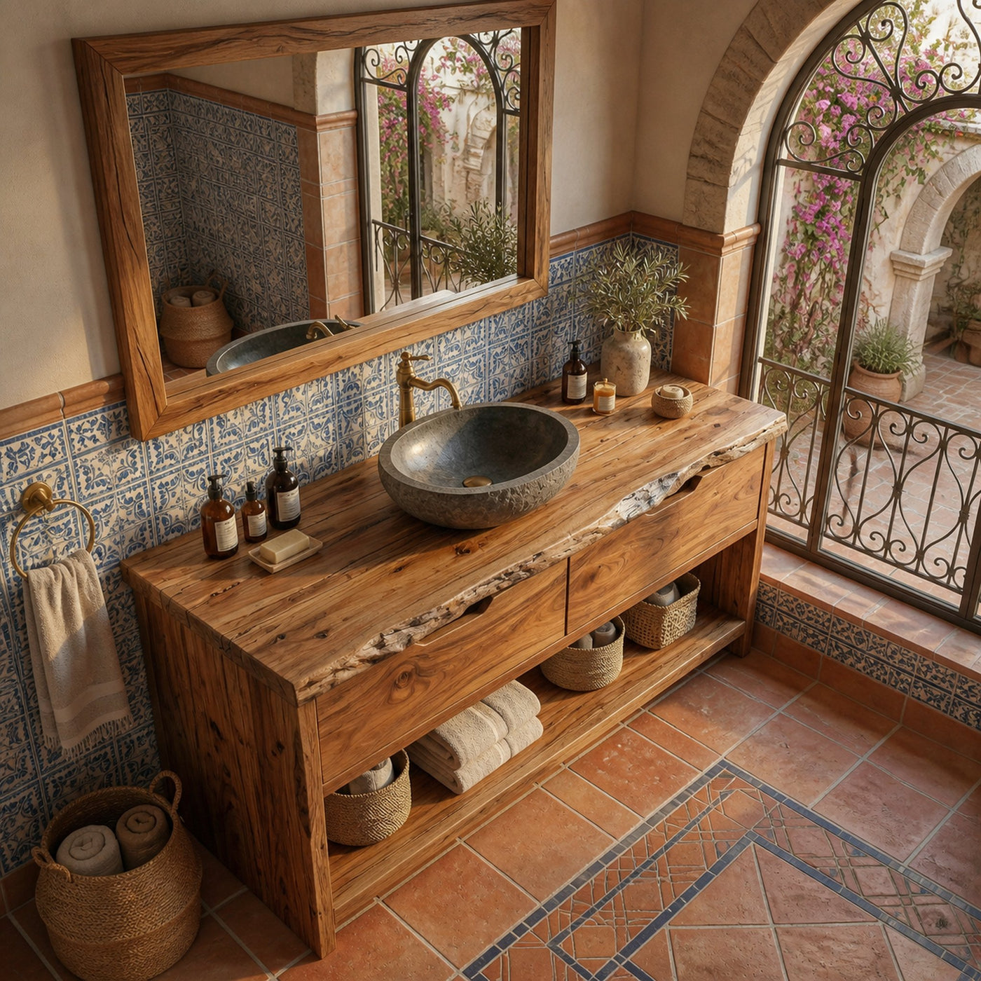 Industrial Solid Wood Bathroom Vanity Open Shelf Freestanding Cabinet - product view 3