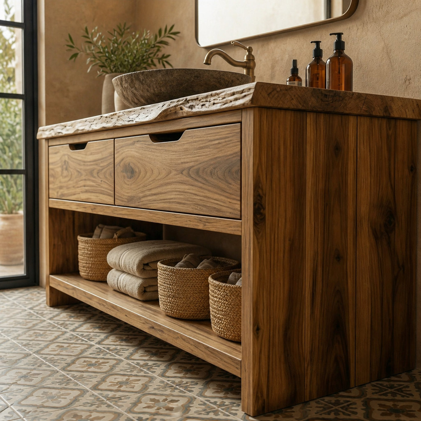 Industrial Solid Wood Bathroom Vanity Open Shelf Freestanding Cabinet - product view 4