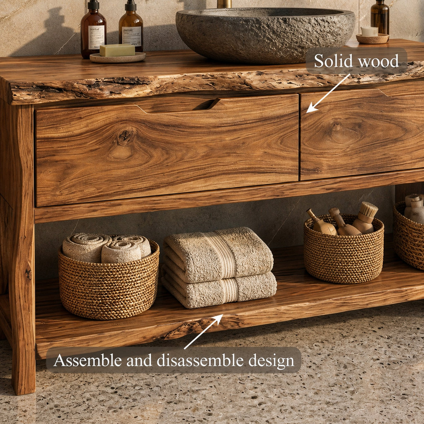 Industrial Solid Wood Bathroom Vanity Open Shelf Freestanding Cabinet - product view 5