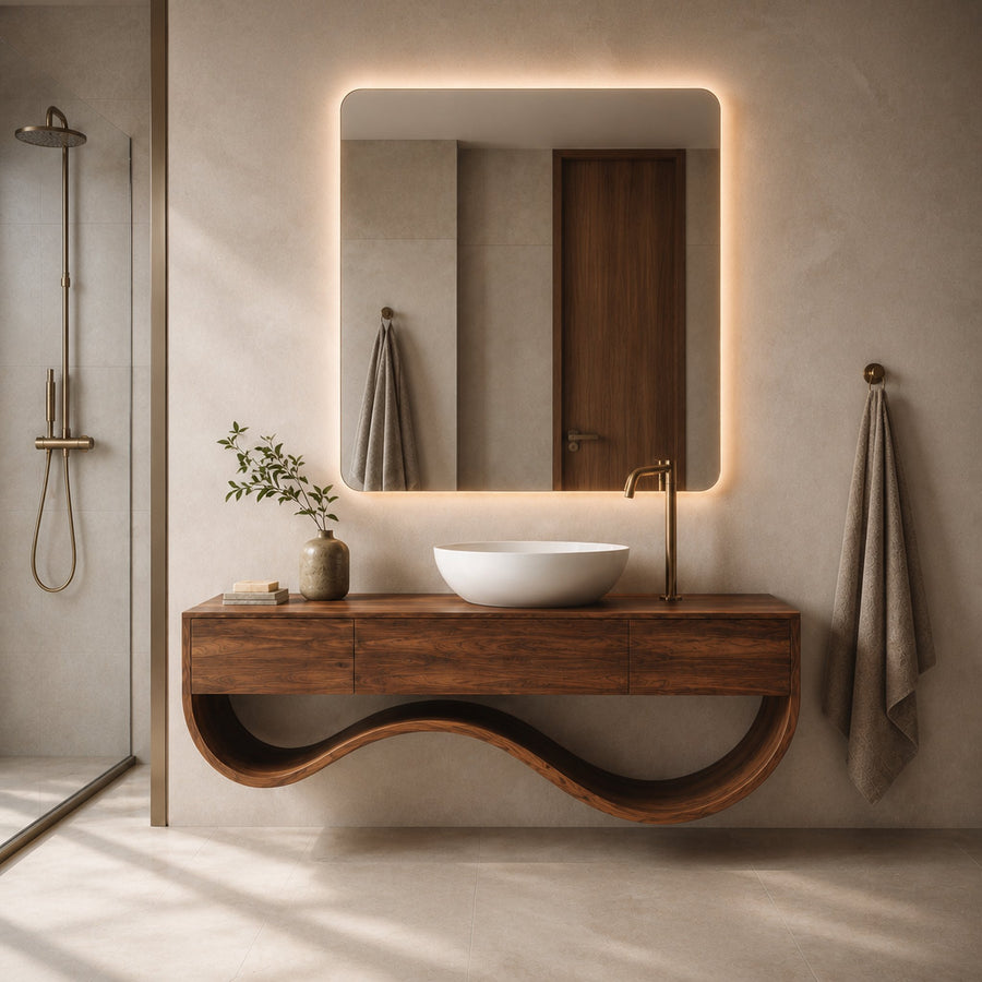 Luxury Bathroom Vanity Cabinet With Undulating Open Shelf For Bath