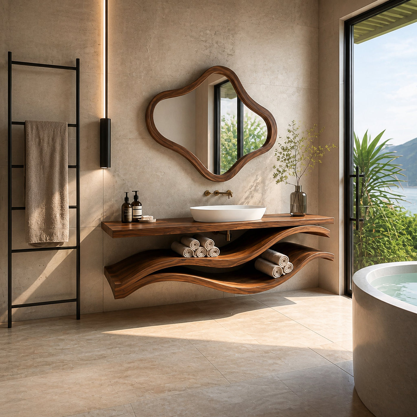 Luxury Bathroom Vanity With Flowing Wave Open Shelves For Bath