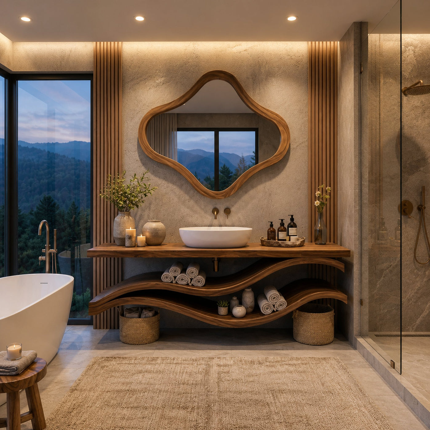Luxury Bathroom Vanity With Flowing Wave Open Shelves For Bath - product view 2