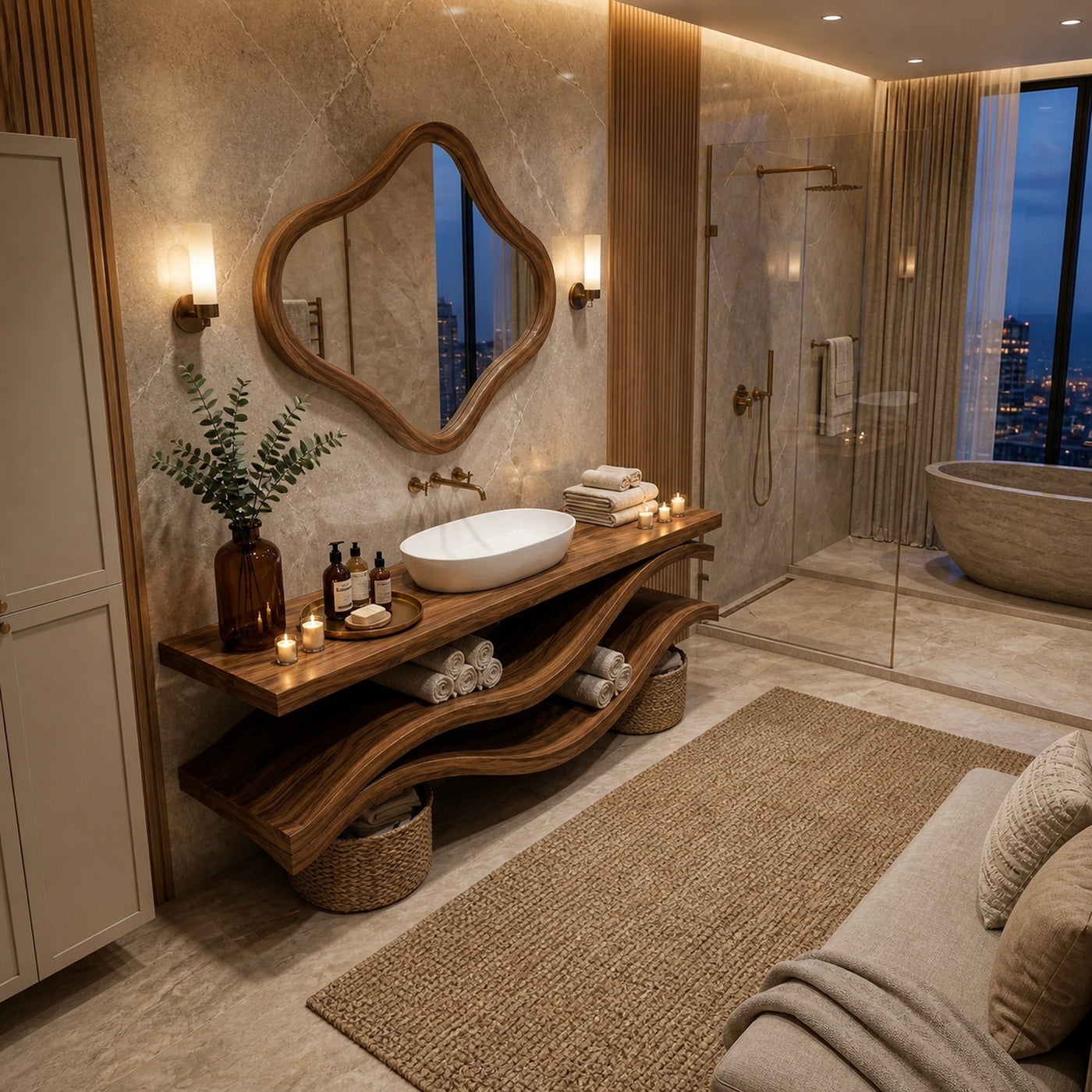 Luxury Bathroom Vanity With Flowing Wave Open Shelves For Bath - product view 3