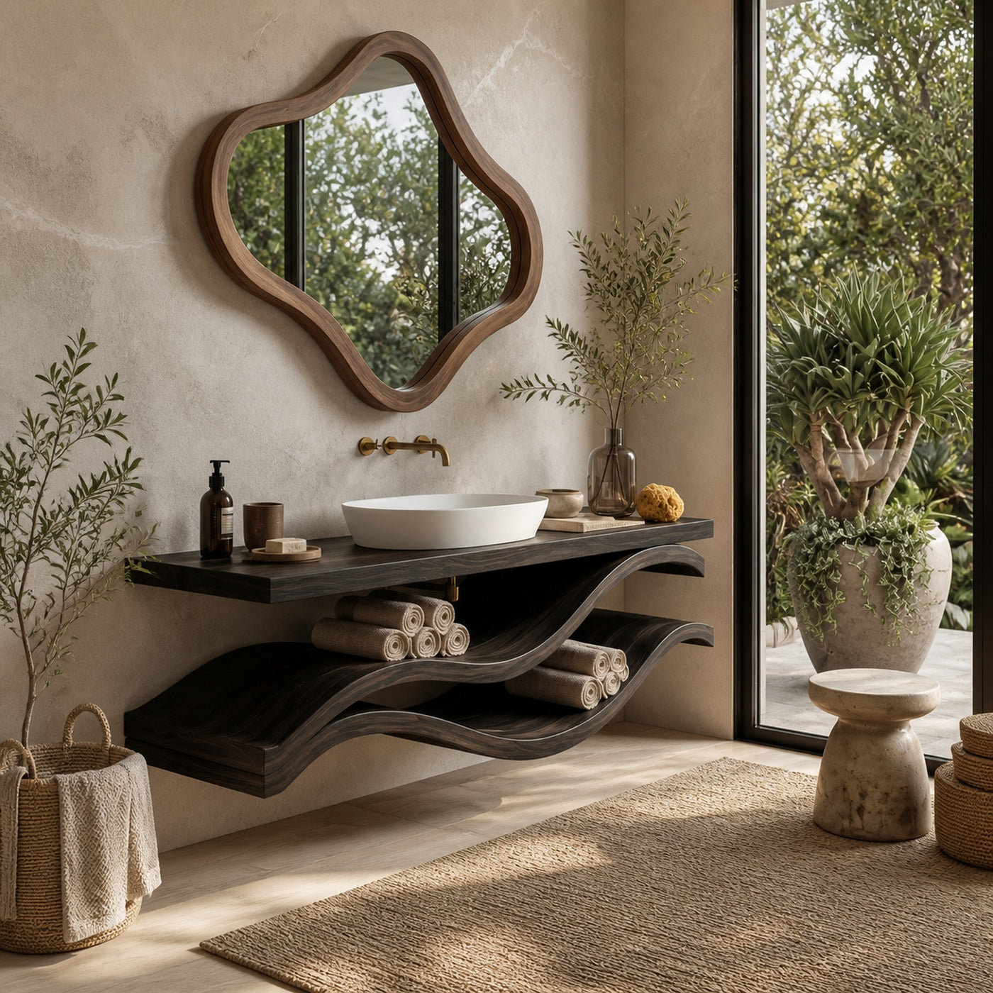 Luxury Bathroom Vanity With Flowing Wave Open Shelves For Bath - product view 4