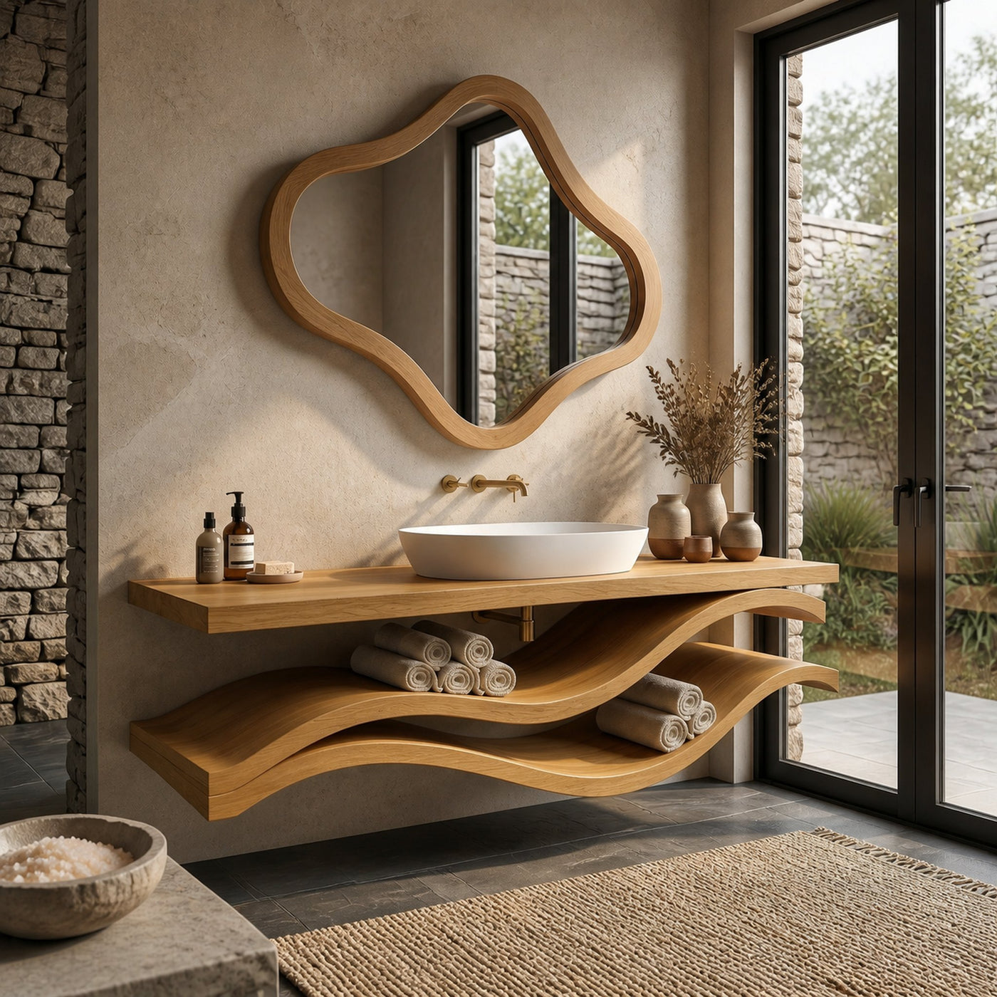 Luxury Bathroom Vanity With Flowing Wave Open Shelves For Bath - product view 5