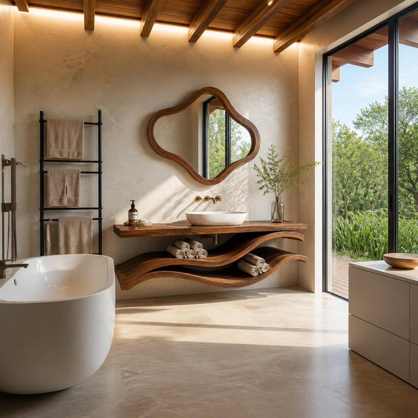 Luxury Bathroom Vanity With Flowing Wave Open Shelves For Bath - product view 7