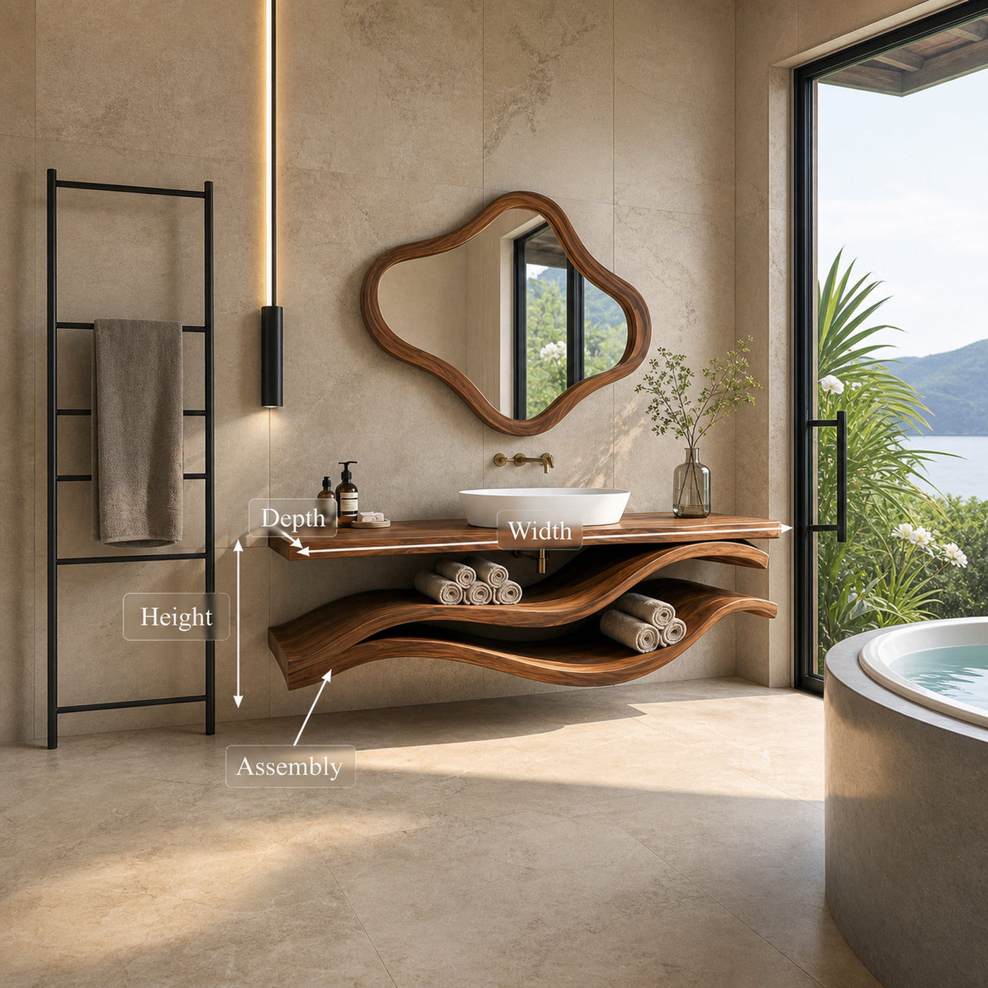 Luxury Bathroom Vanity With Flowing Wave Open Shelves For Bath - product view 8