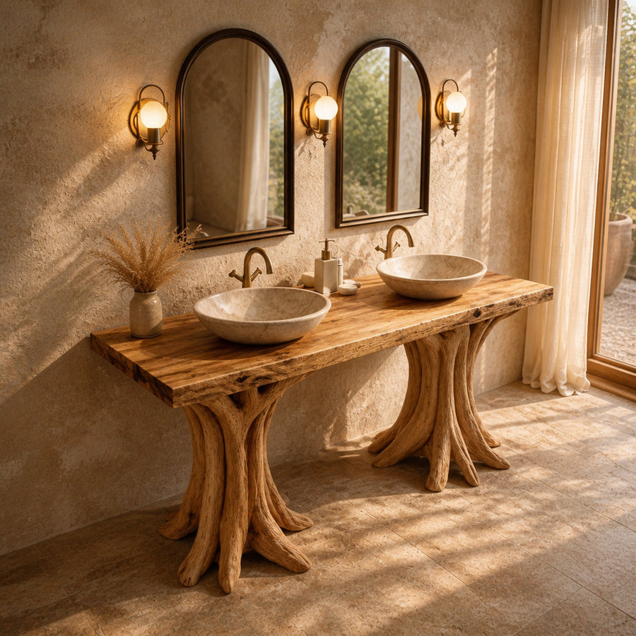 Luxury Sculptural Solid Wood Bathroom Console Table Tree Base Design