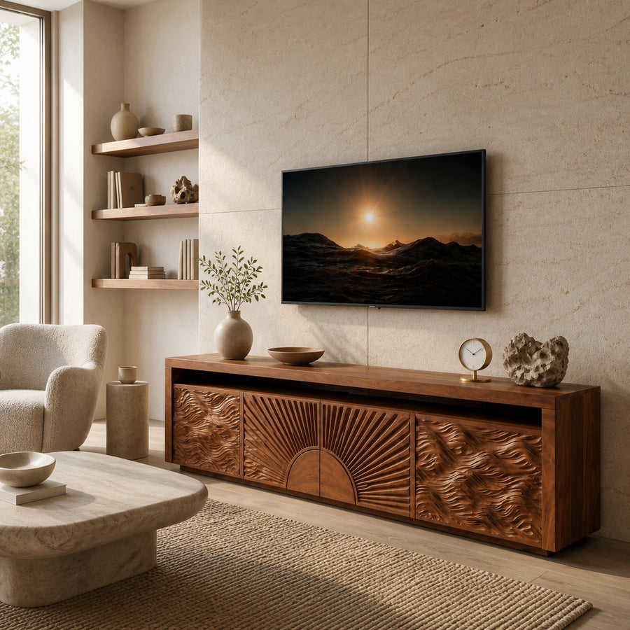 Luxury TV Stand With Sun And Ocean Carved Doors For Living