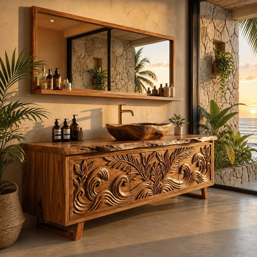 Luxury Tropical Hand Carved Solid Wood Bathroom Vanity Statement Cabinet