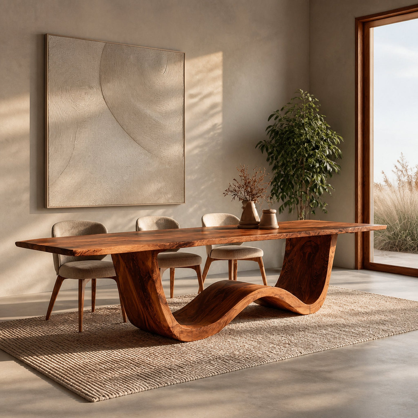 Luxury Wood Dining Table With Curved Pedestal For Dining Room