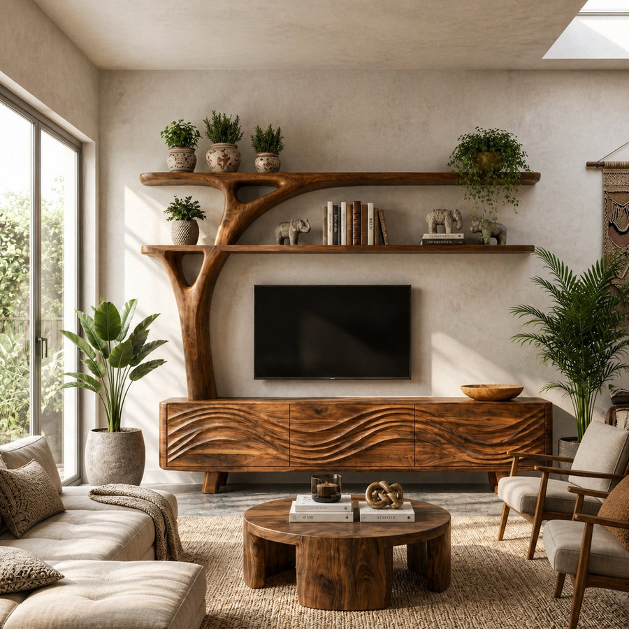 Luxury Wood TV Cabinet With Sculptural Open Shelving For Interior