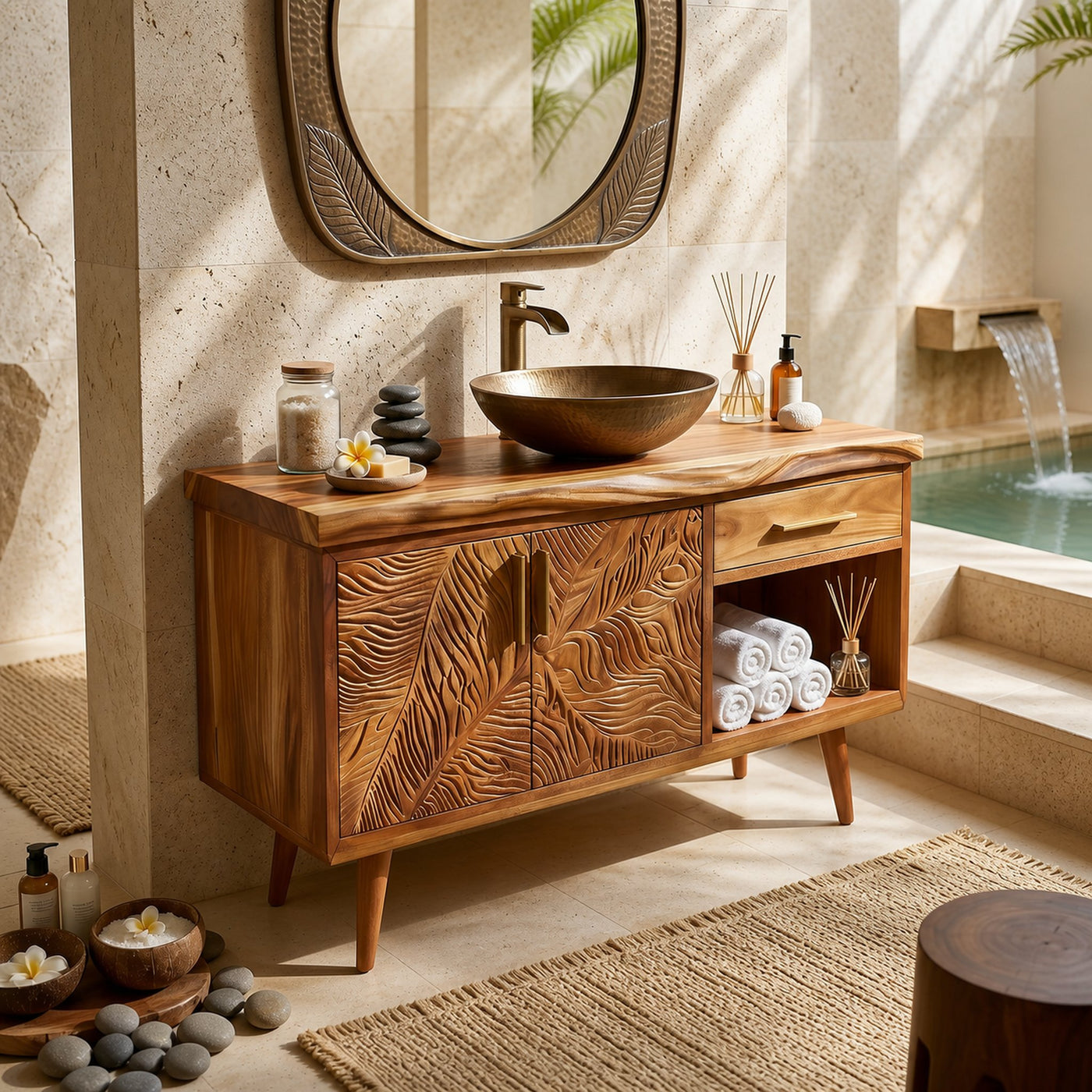 Luxury Wooden Vanity Cabinet With Leaf Carving Spa Bathroom
