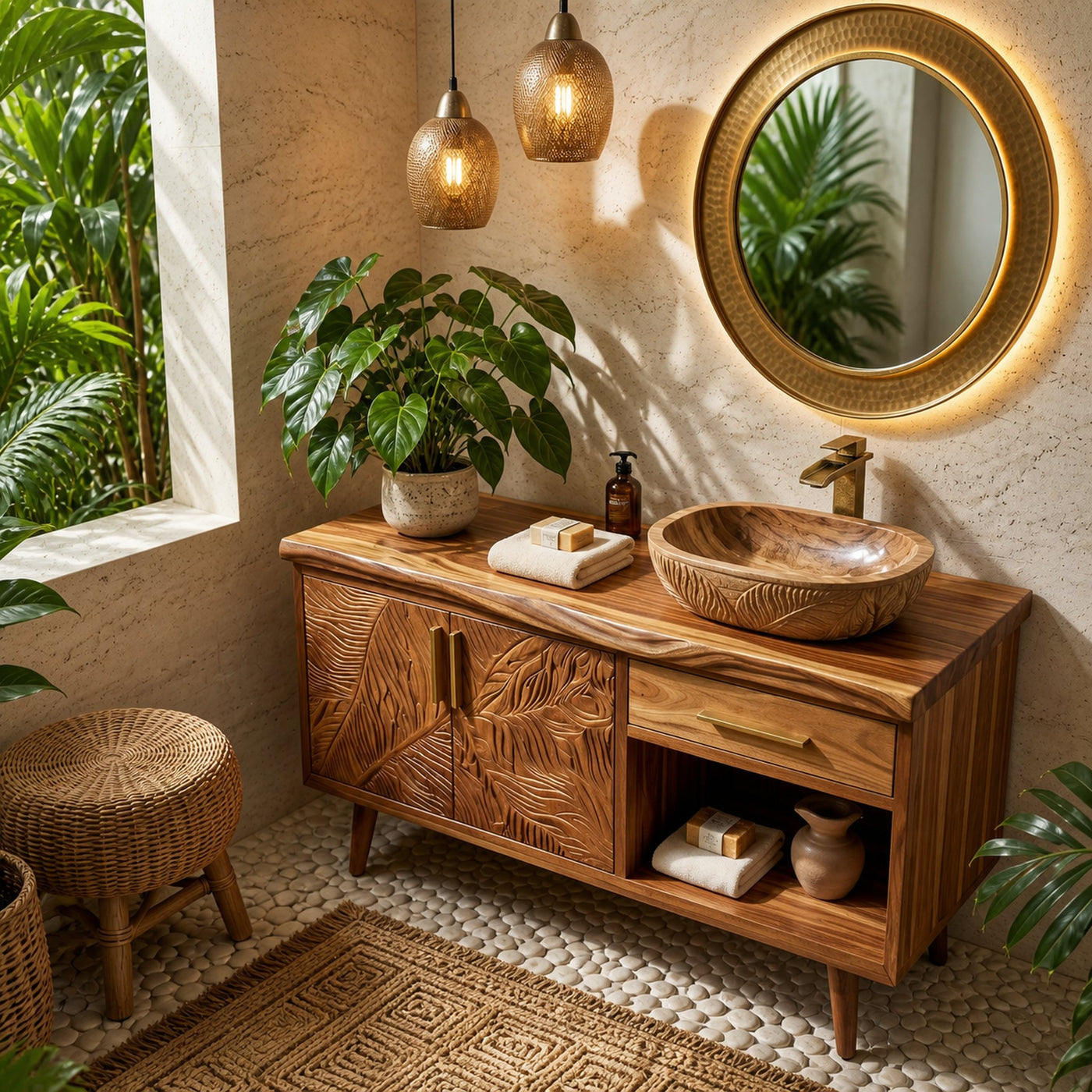 Luxury Wooden Vanity Cabinet With Leaf Carving Spa Bathroom - product view 2