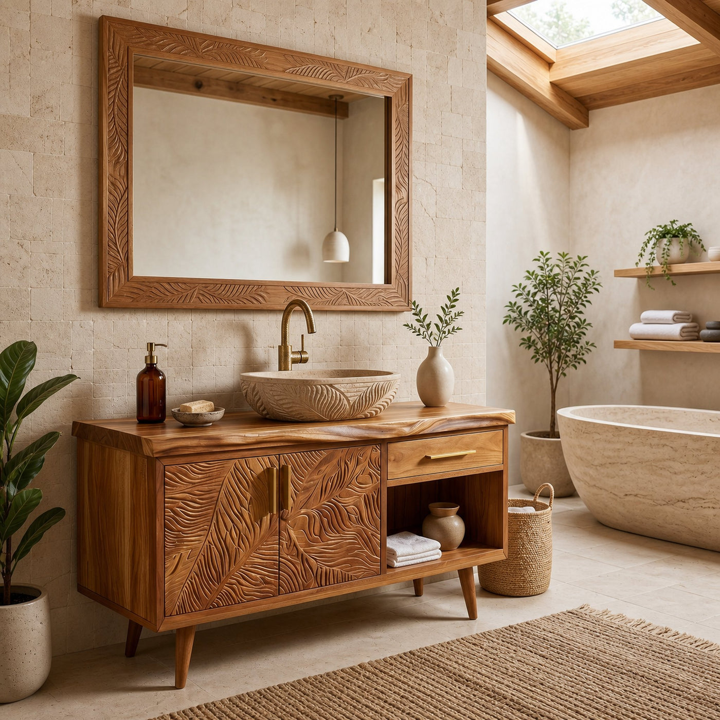 Luxury Wooden Vanity Cabinet With Leaf Carving Spa Bathroom - product view 3