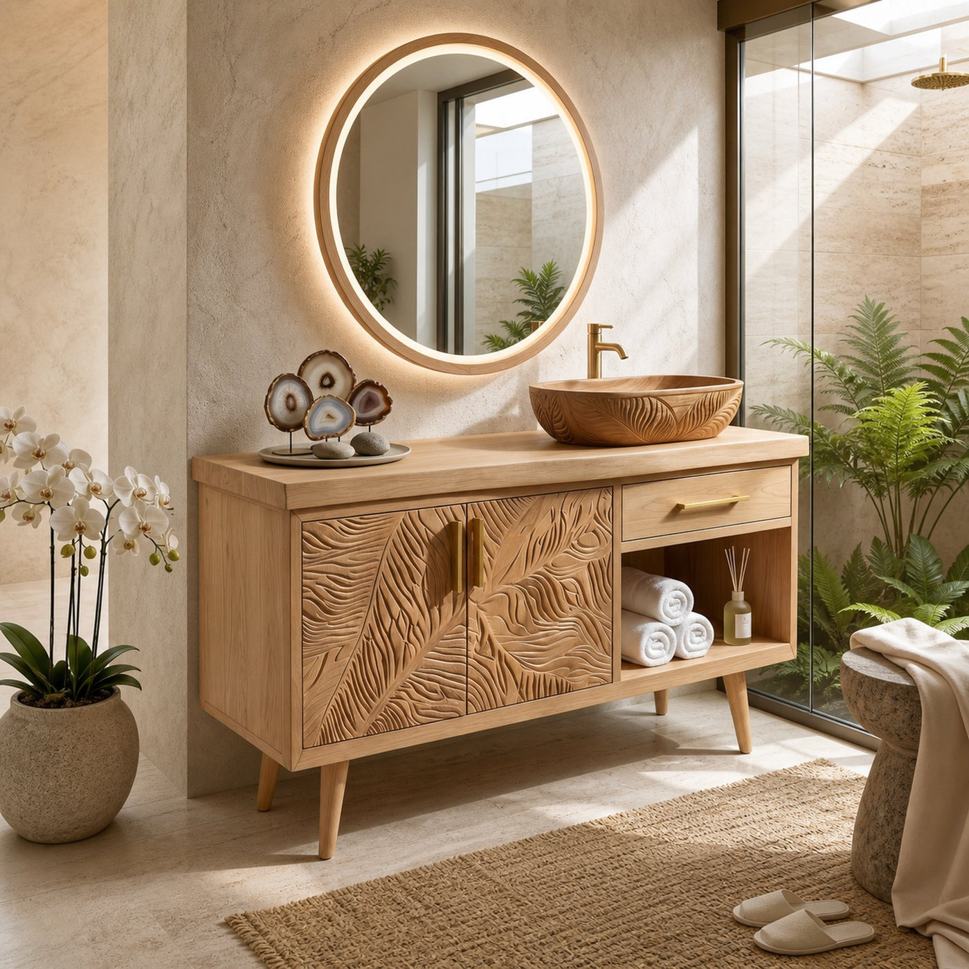 Luxury Wooden Vanity Cabinet With Leaf Carving Spa Bathroom - product view 5