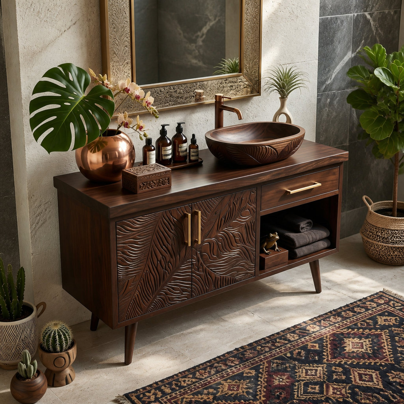 Luxury Wooden Vanity Cabinet With Leaf Carving Spa Bathroom - product view 7