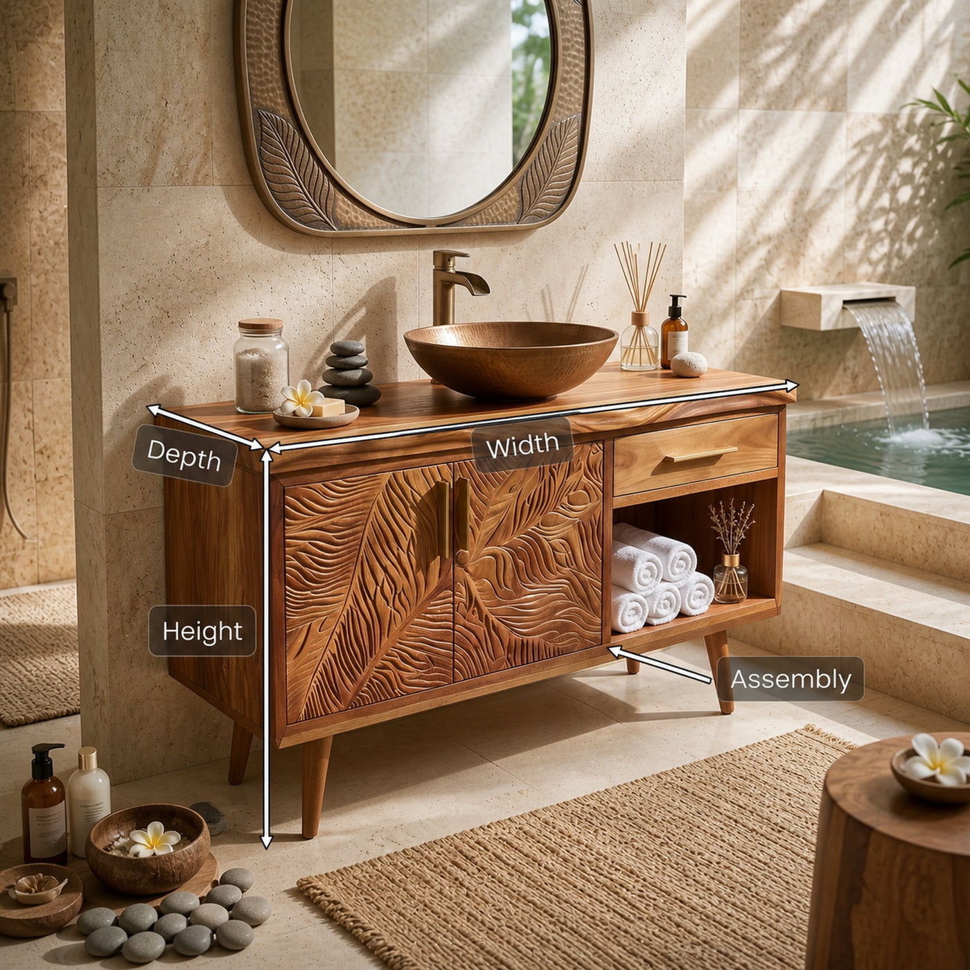 Luxury Wooden Vanity Cabinet With Leaf Carving Spa Bathroom - product view 8
