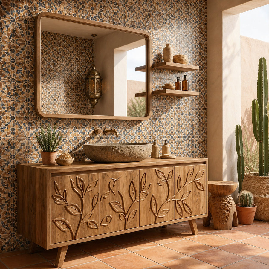 Mediterranean Solid Wood Bathroom Vanity Floral Carved Freestanding Cabinet