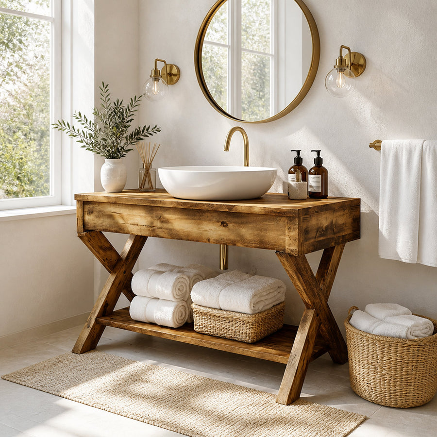 Mid Century Bathroom Vanity Table Natural Wood Modern Home Bathroom
