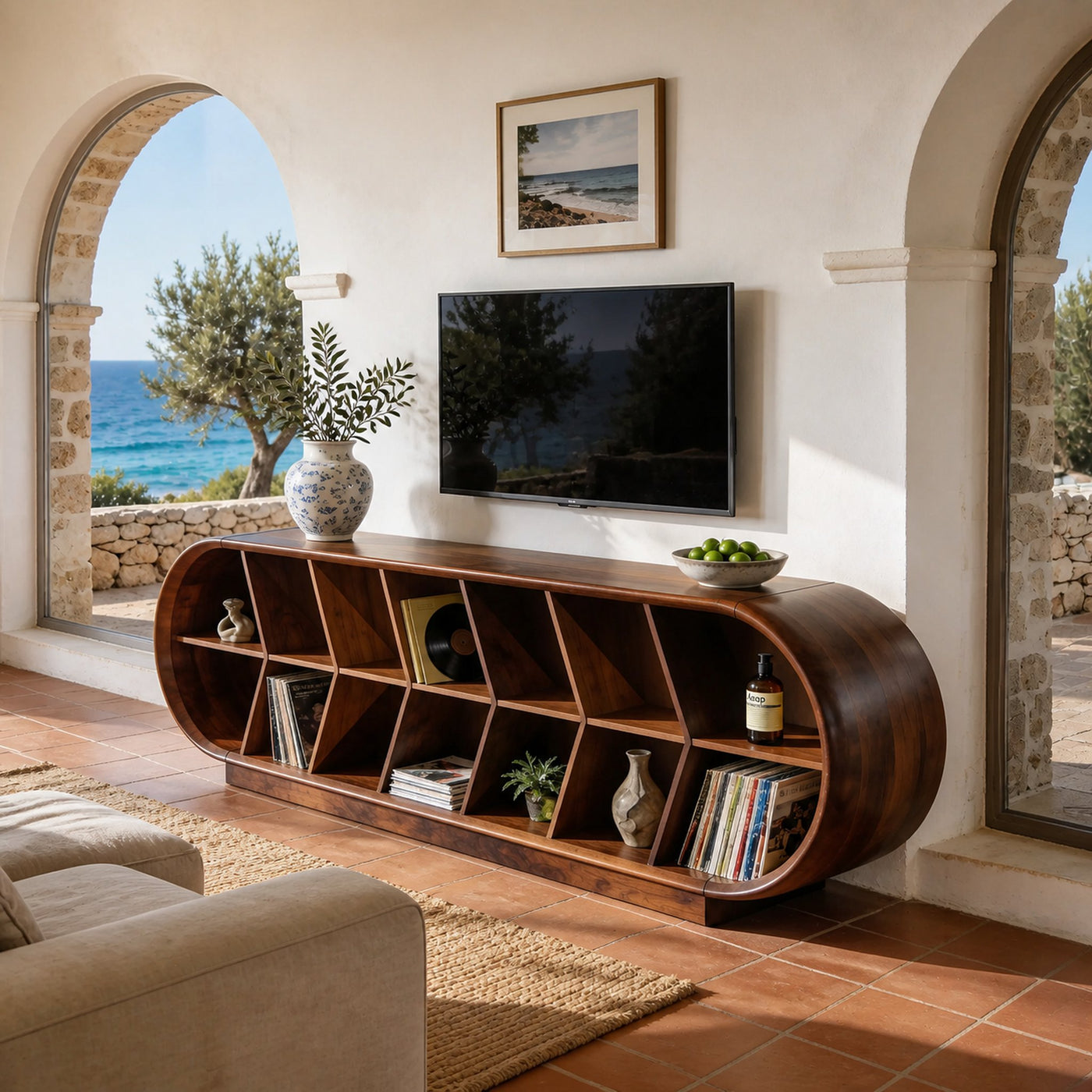 Mid Century Curved TV Stand For Luxury Suite Interior