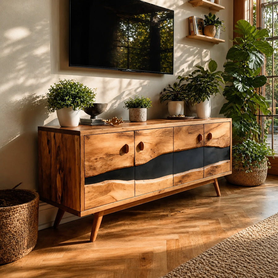 Mid Century Live Edge Media Console For Bedroom Decor