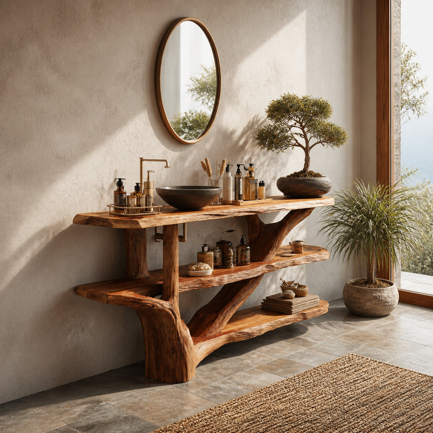 Mid Century Live Edge Tree Trunk Vanity For Contemporary Bathroom Design