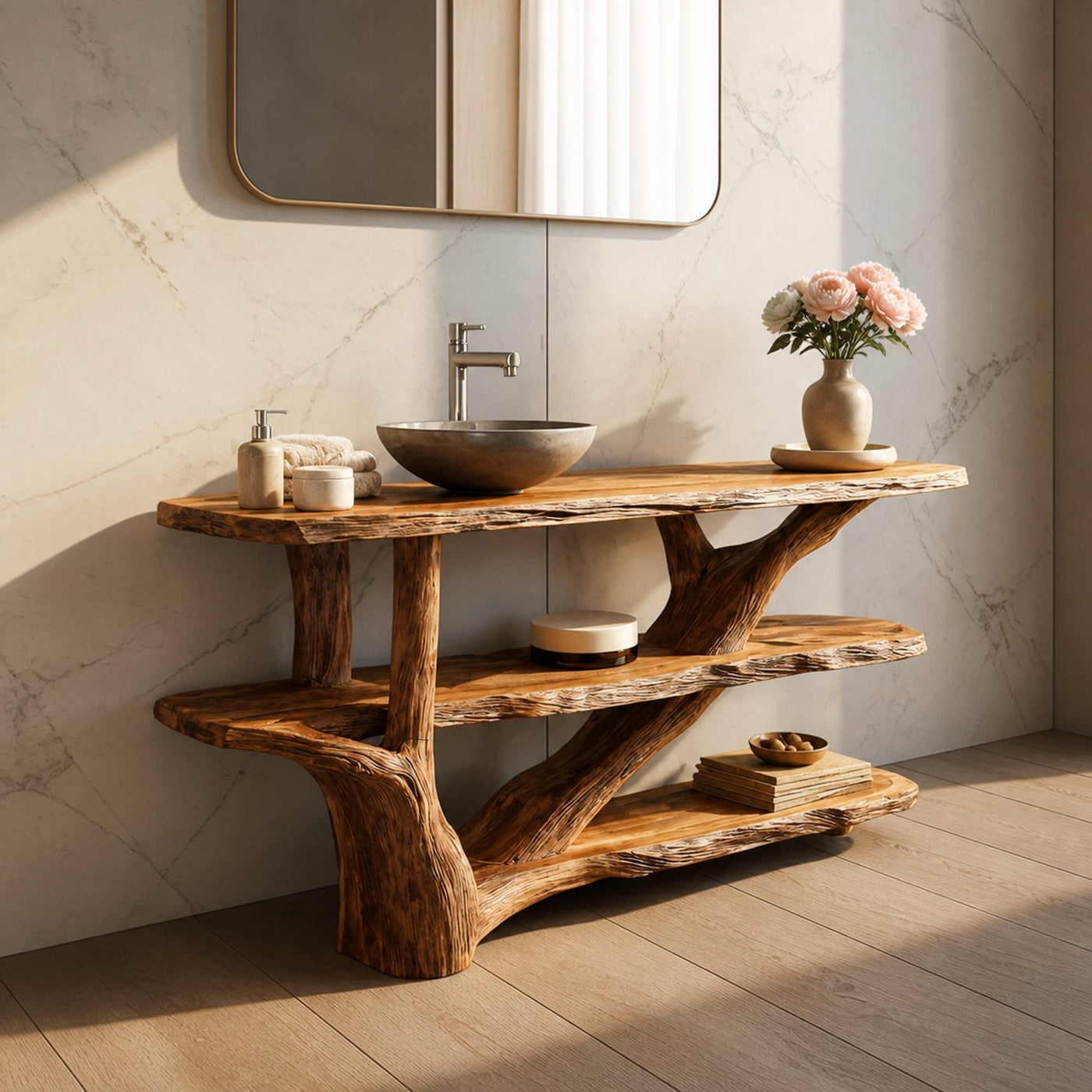 Mid Century Live Edge Tree Trunk Vanity For Contemporary Bathroom Design - product view 2