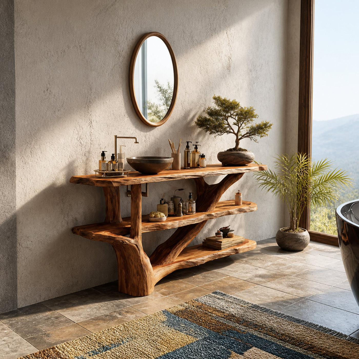 Mid Century Live Edge Tree Trunk Vanity For Contemporary Bathroom Design - product view 3