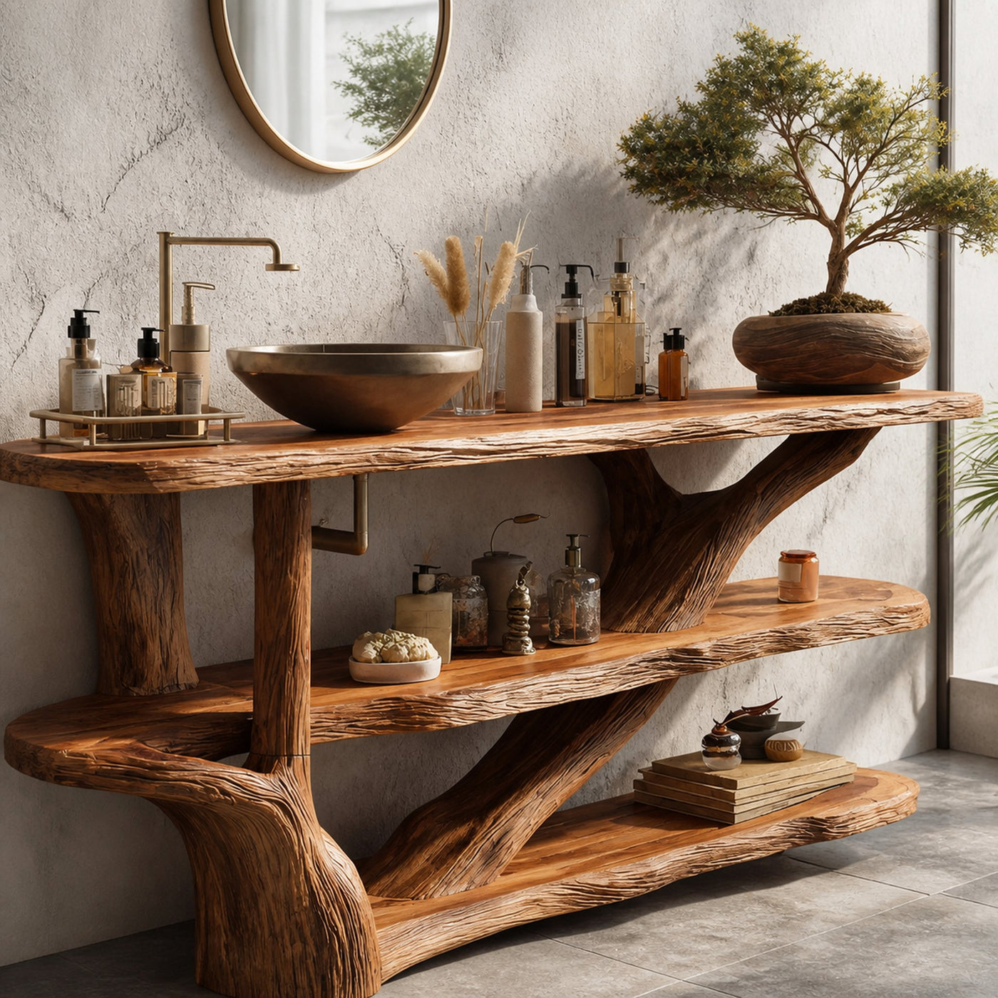 Mid Century Live Edge Tree Trunk Vanity For Contemporary Bathroom Design - product view 5