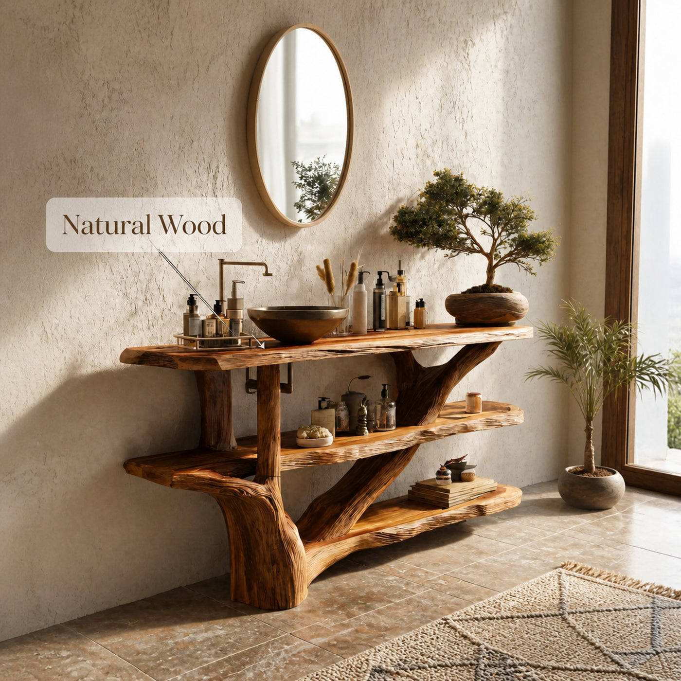 Mid Century Live Edge Tree Trunk Vanity For Contemporary Bathroom Design - product view 6